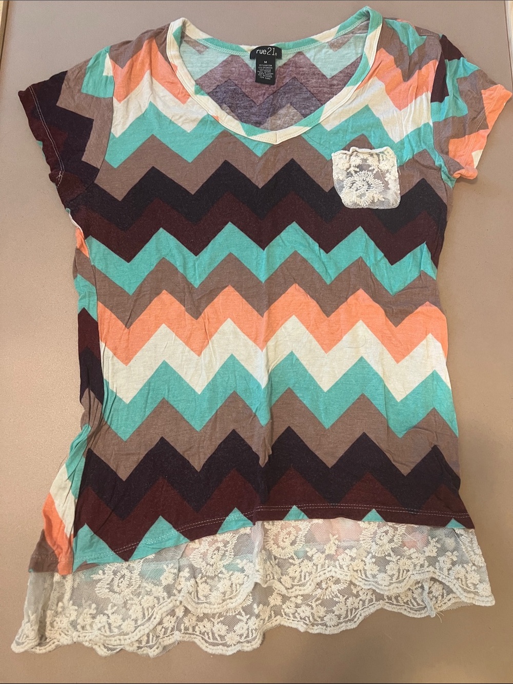 Rue21 Chevron Lace-Hem V-Neck Top - Teal, Coral, Brown, Cream